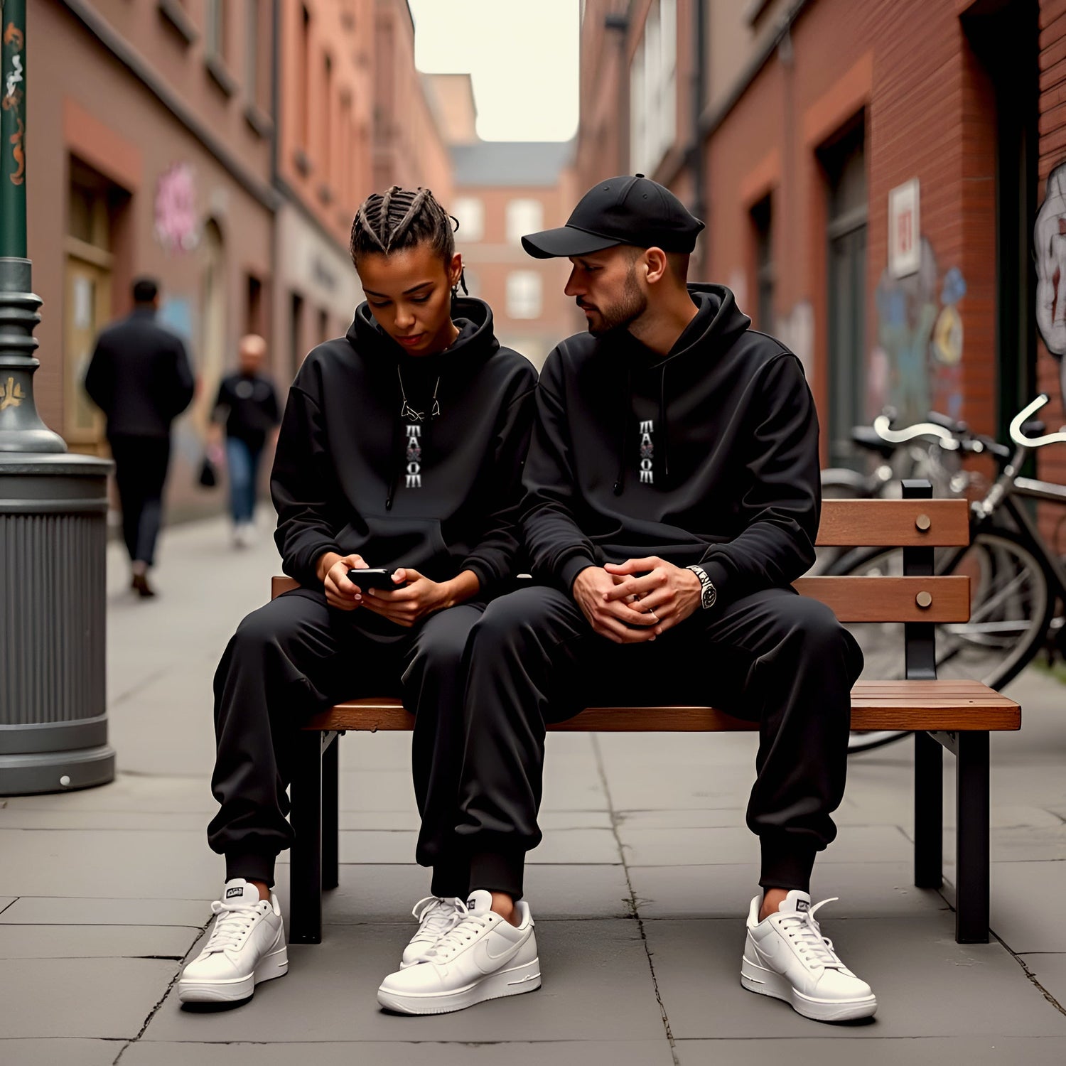 Young man and woman wearing MAXOMclo hoodies on a city bench – urban unisex streetwear for Gen Z fashion lovers aged 16–26.