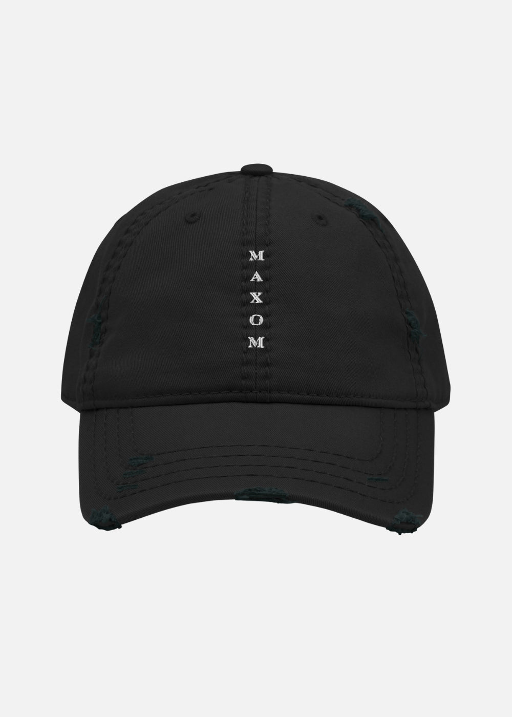 Black distressed streetwear baseball cap with frayed brim – vintage unstructured design for urban outfits. Breathable cotton and low-profile silhouette for men and women.