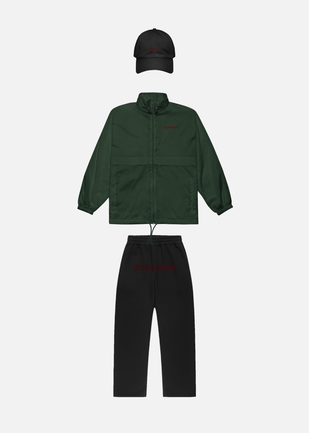 Unisex forest green windbreaker with black joggers & cap – bold urban fashion streetwear combo