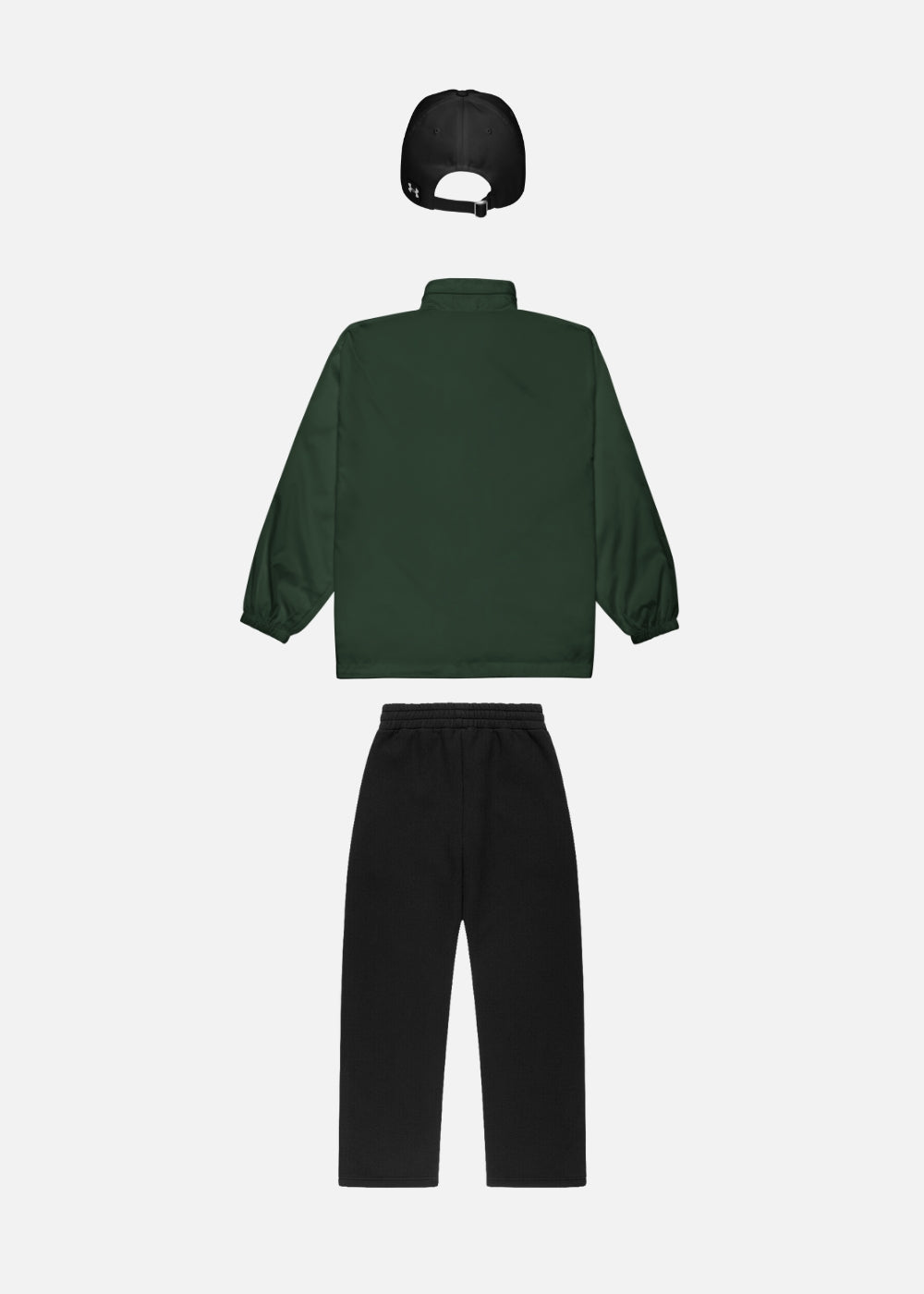 Backside of unisex streetwear bundle – forest green windbreaker with black joggers and baseball cap