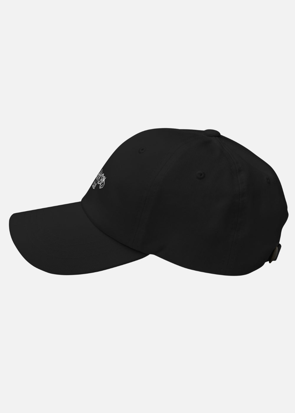 Left side of black minimalist low-profile streetwear cap – breathable chino cotton design with clean streetwear silhouette.