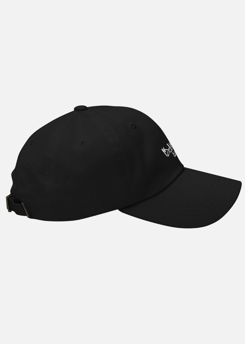 Right side of black Skullflow low-profile baseball cap – premium chino cotton construction with subtle streetwear details.
