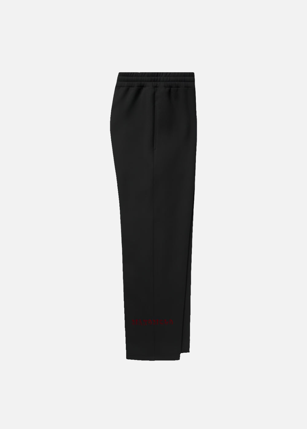 Right side of black heavyweight baggy pants – urban style sweatpants with adjustable waistband and deep pockets.