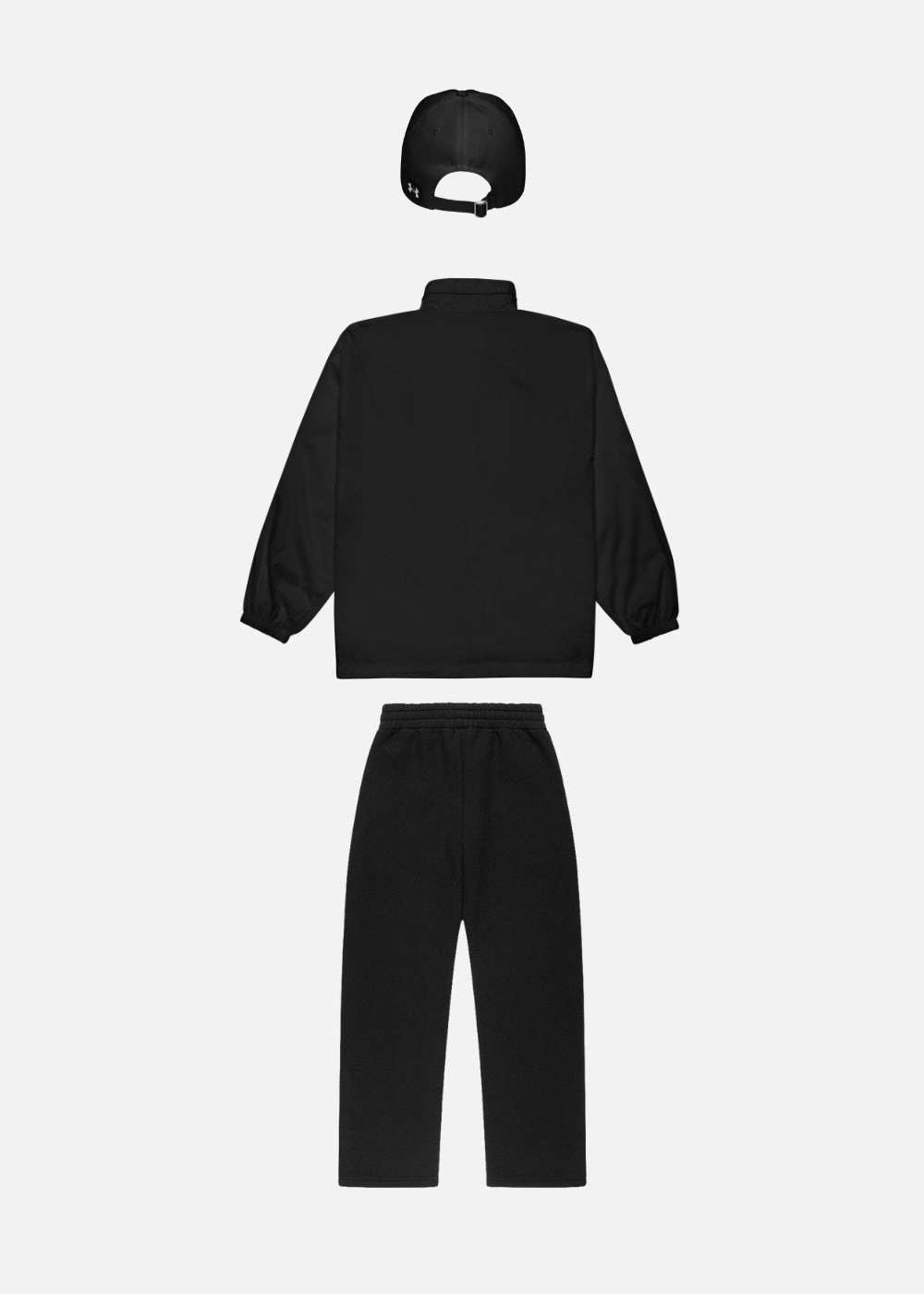 Back view of minimalist black streetwear outfit – water-resistant windbreaker, joggers & cap for men and women