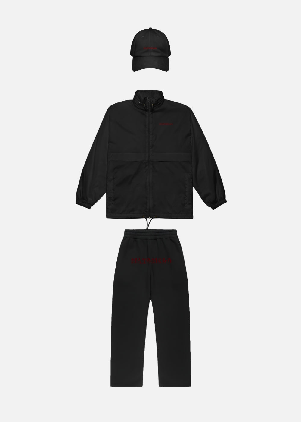 All-black unisex urban streetwear bundle – windbreaker, cap & baggy joggers for bold everyday looks