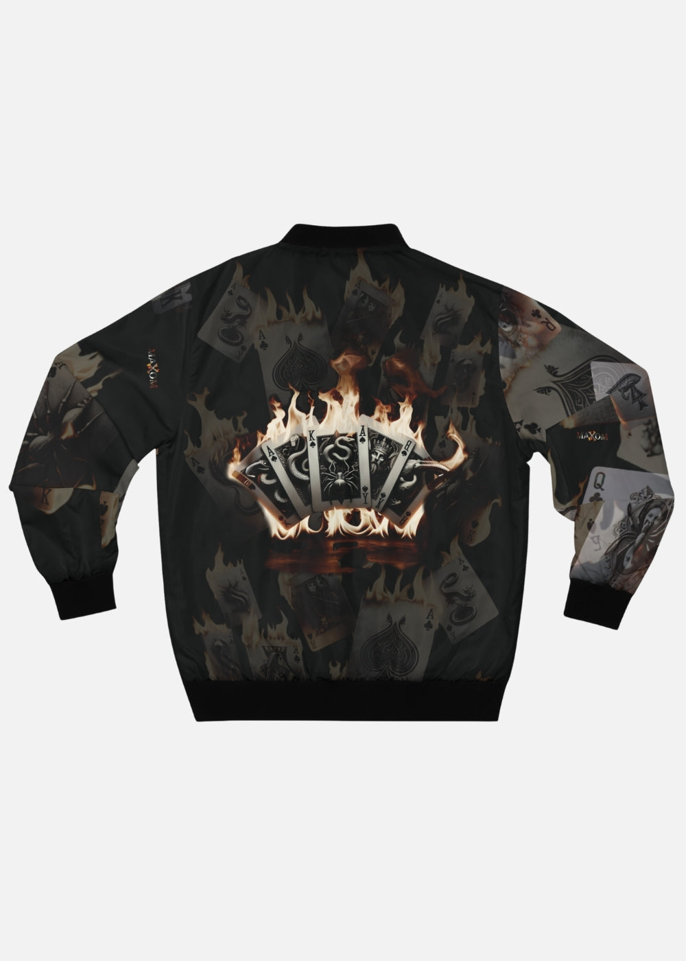 Back view of bomber jacket with flaming playing card artwork – edgy graphic streetwear for men and women