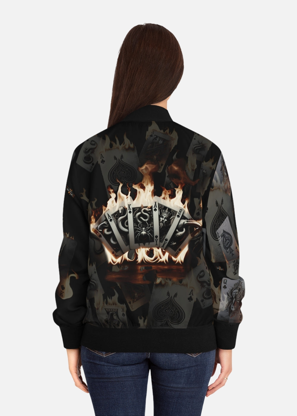 Back view of female model in Burning Cards bomber jacket – lightweight graphic jacket with flame and card details
