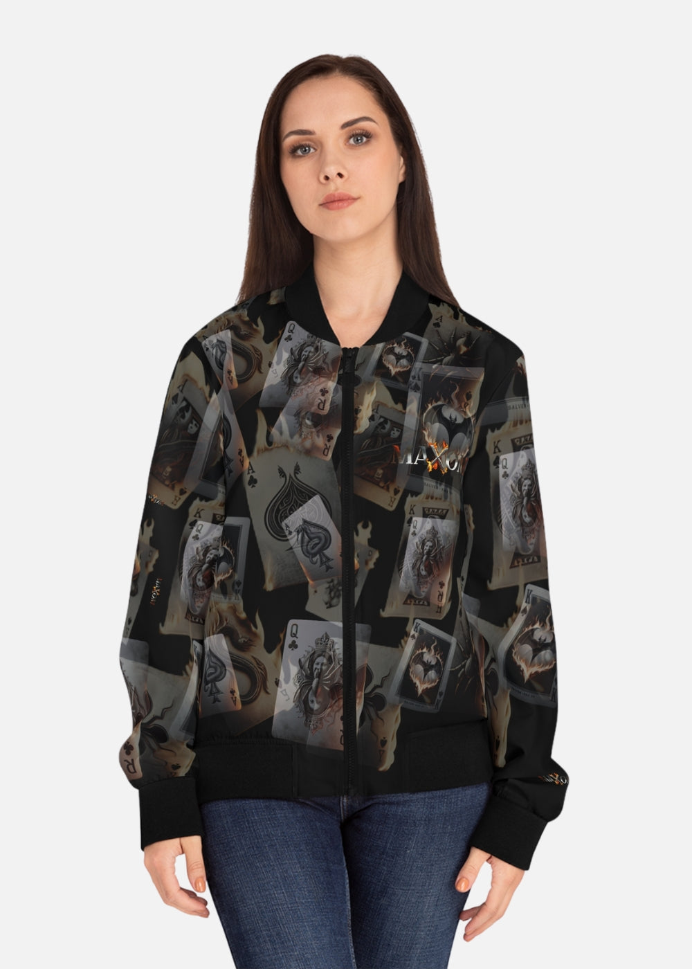 Female model wearing Burning Cards bomber jacket – alternative streetwear look with bold design and urban style