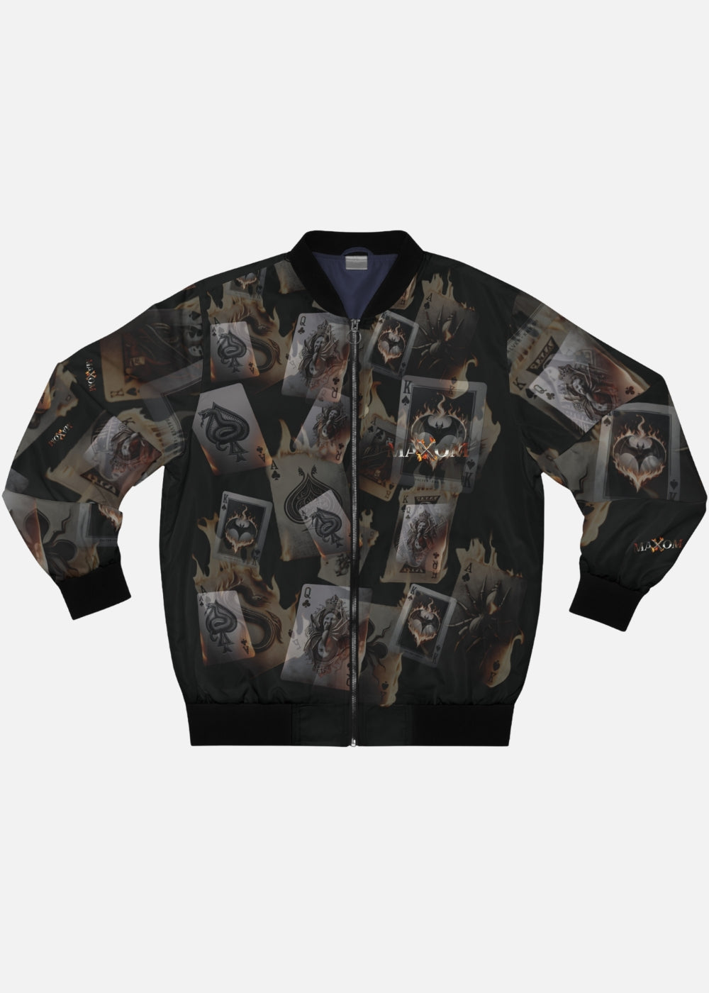 Front view of Burning Cards bomber jacket – unisex streetwear jacket with bold graphic print and zipper
