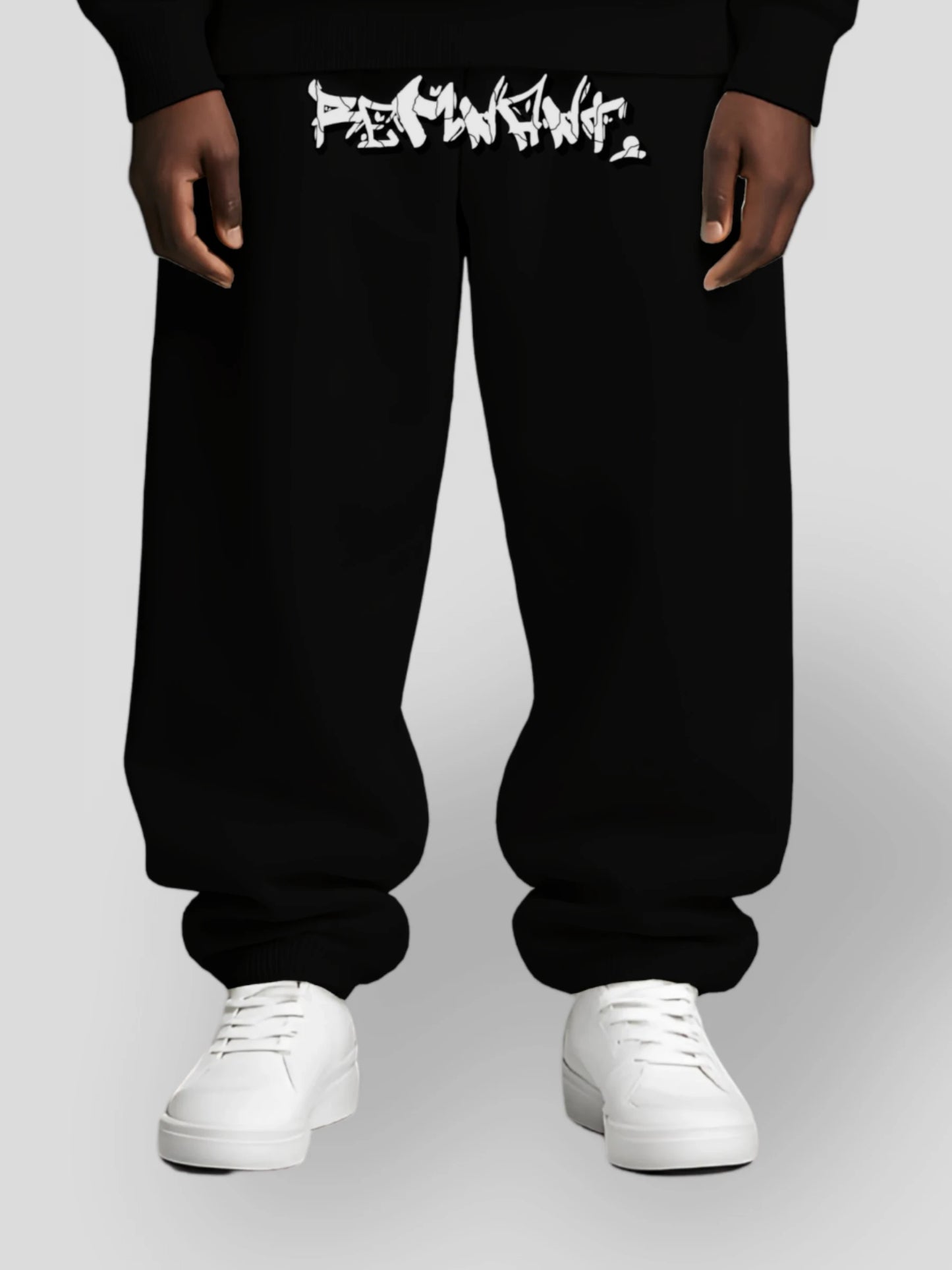 DROP.ØNE black oversized streetwear sweatpants with bold graffiti print – unisex 380 GSM heavyweight fleece joggers designed for mindset-driven urban fashion with relaxed baggy fit