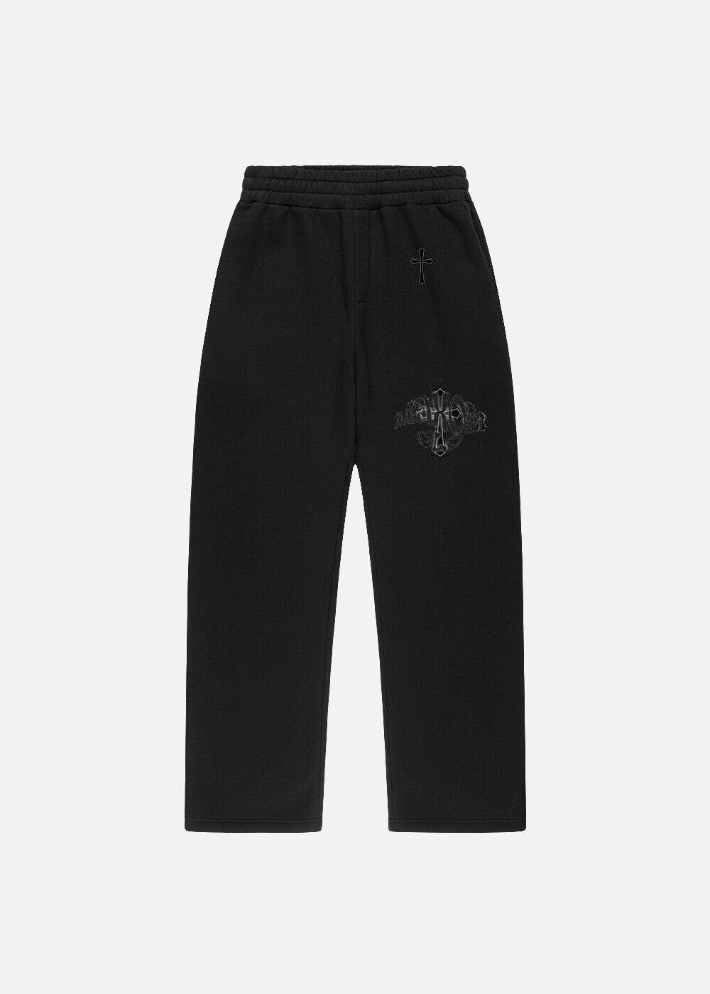 Baggy sweatpants in black – front view of Elysium oversized streetwear pants by MAXOMclo. Comfortable men’s loungewear set ideal for streetwear lovers and gym-ready fashion.