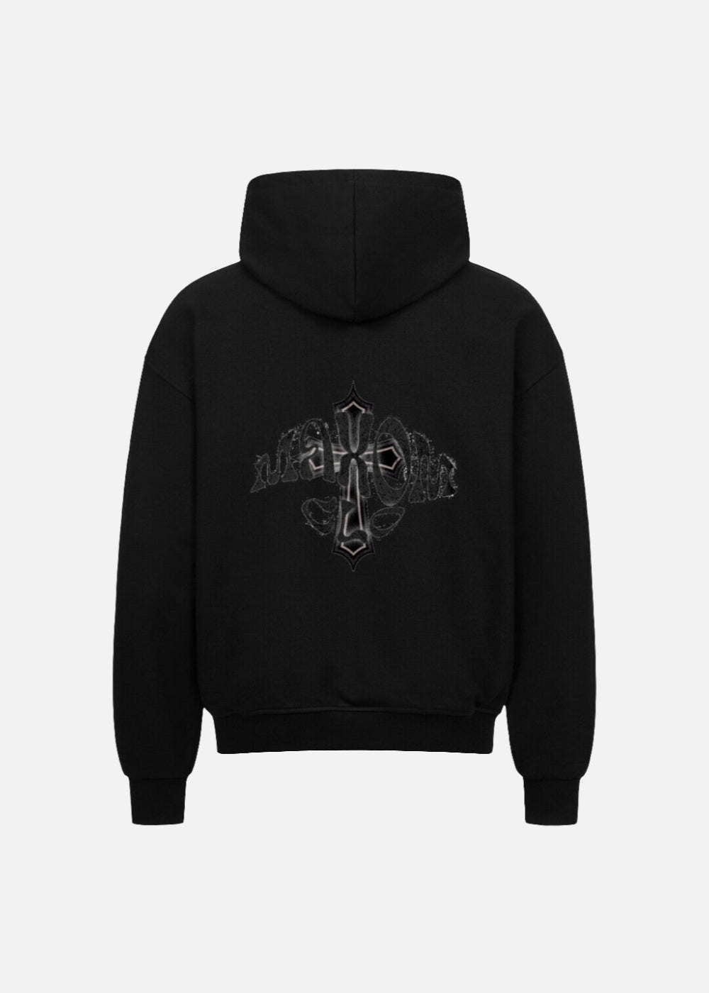 MAXOMclo black oversized hoodie – back view of premium relaxed fit streetwear for men. Luxury minimalist design perfect for gym, lounge or city wear.
