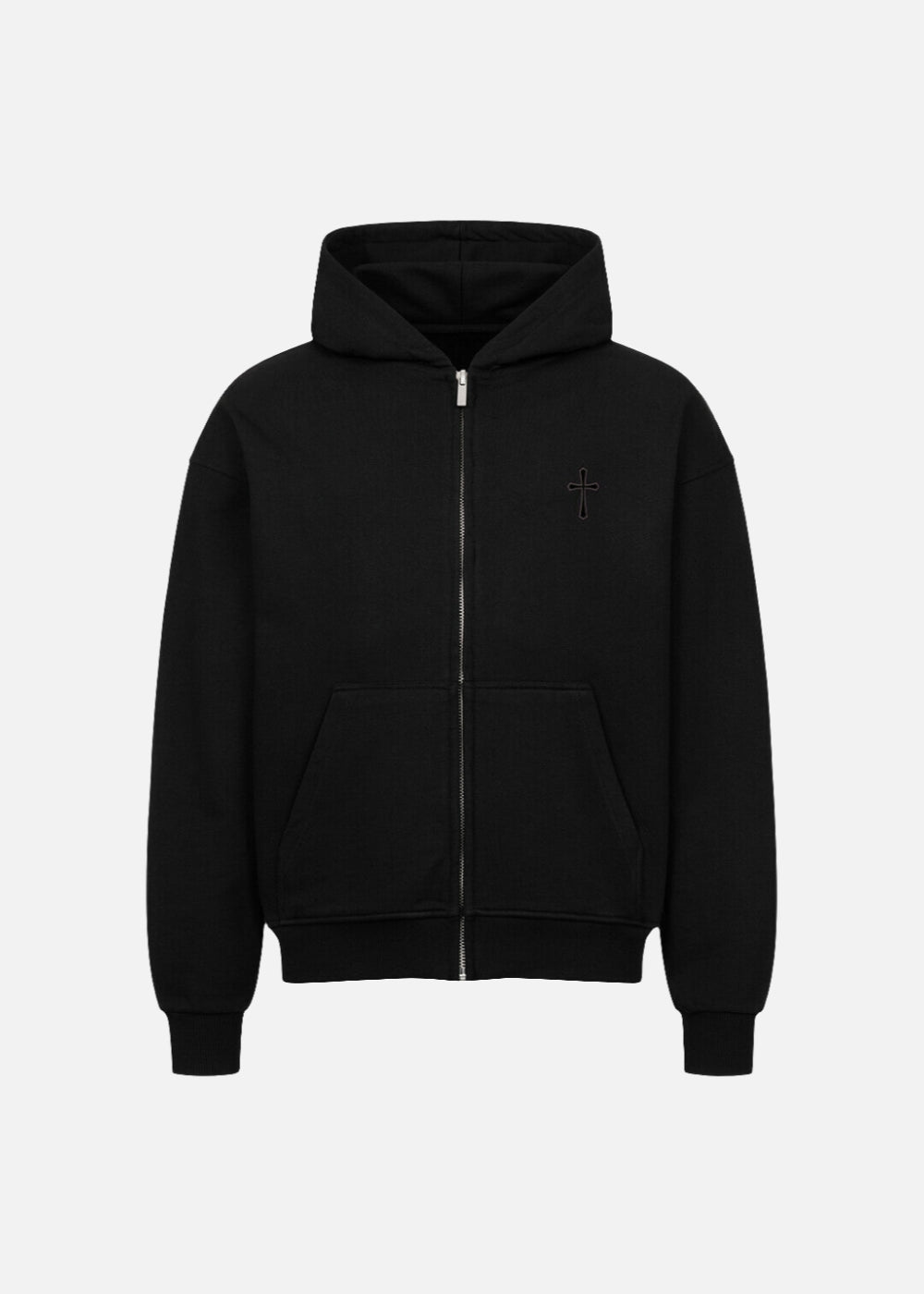 Oversized hoodie in black – front view of MAXOMclo Elysium premium streetwear zip hoodie. Relaxed fit design for streetwear for men and youth. Stylish minimalist loungewear.