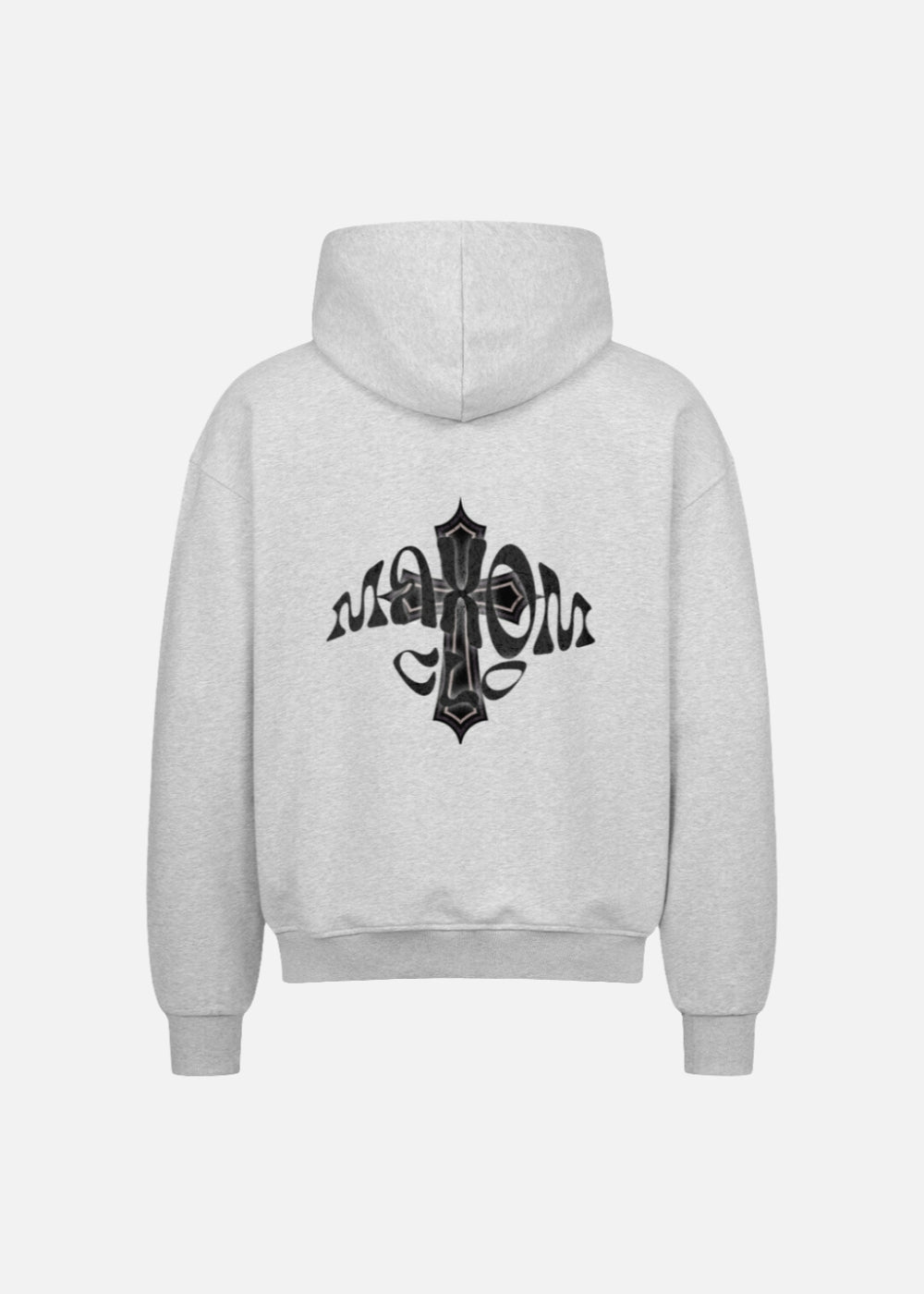 MAXOMclo Elysium oversized grey hoodie – back view of premium streetwear zip-up for men. A go-to piece in any urban fashion streetwear set.