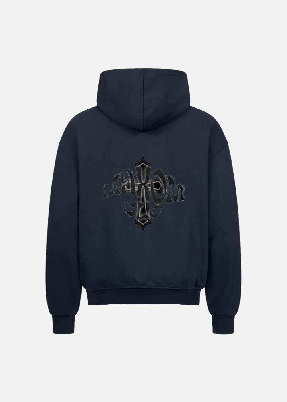 MAXOMclo oversized navy hoodie – back view of relaxed fit streetwear zip-up hoodie. Comfortable men’s tracksuit piece for gym, lounge, or city wear.