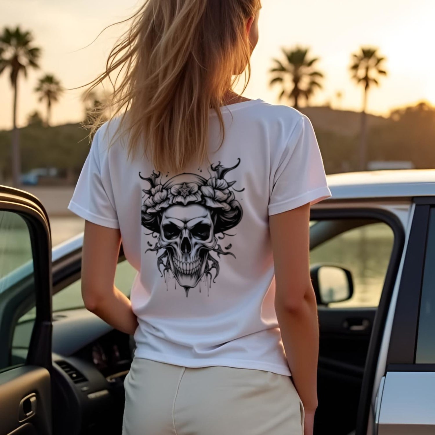 Female model showing the back of Skullflow Basic T-Shirt by MAXOMclo – minimalist streetwear design for modern Gen Z women