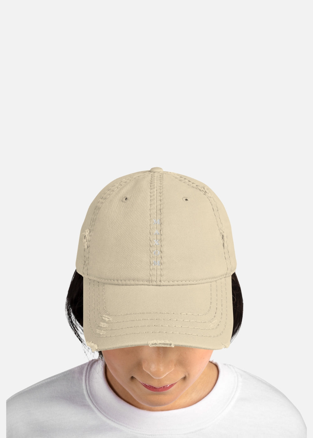 Female model styled with khaki vintage streetwear cap – breathable, soft cotton with frayed brim for a bold and casual urban edge.