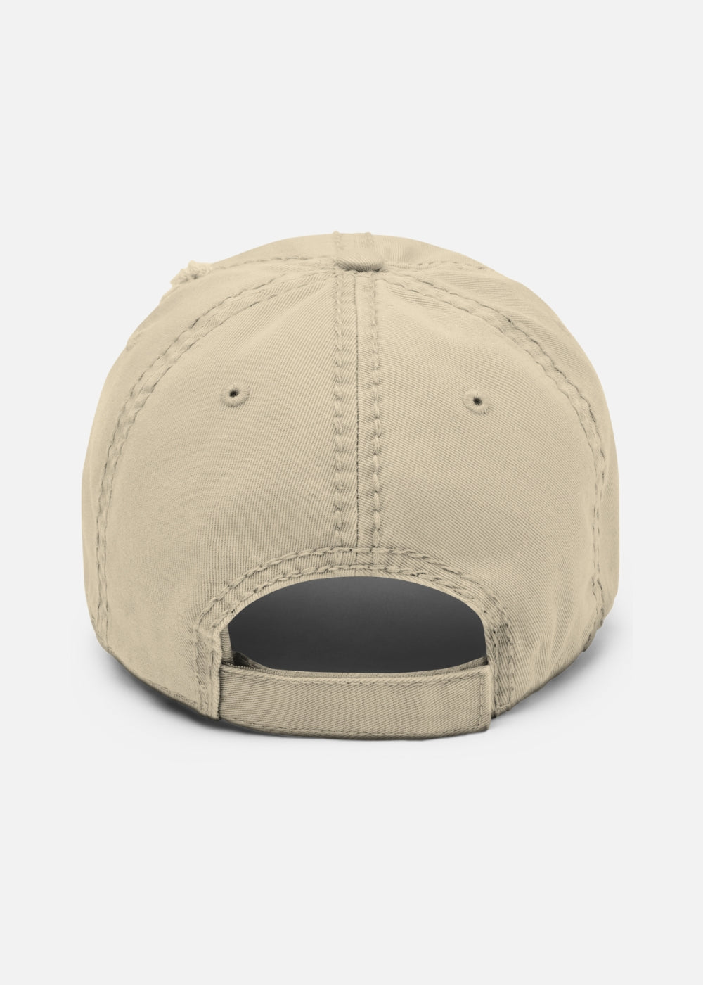Rear view of khaki streetwear cap – adjustable design in rugged cotton twill for ultimate vintage streetwear appeal.