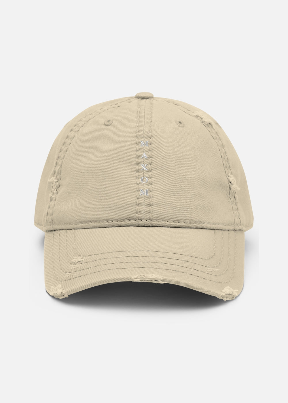 Khaki distressed baseball cap for men and women – breathable cotton streetwear hat with vintage frayed brim and comfortable unstructured fit.