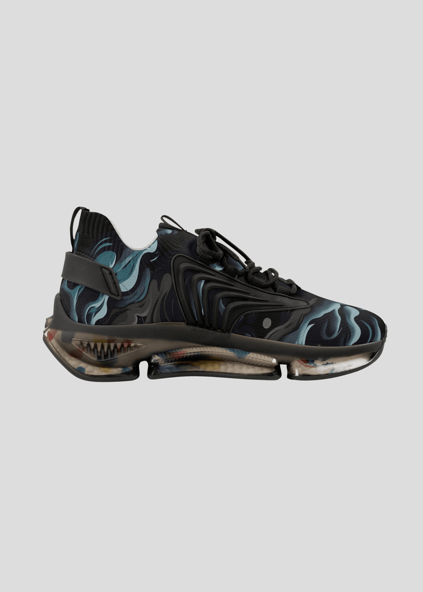 Inner side profile of MAXOMclo REMNANT limited edition black sneakers – 2025 abstract smoke design streetwear shoes.