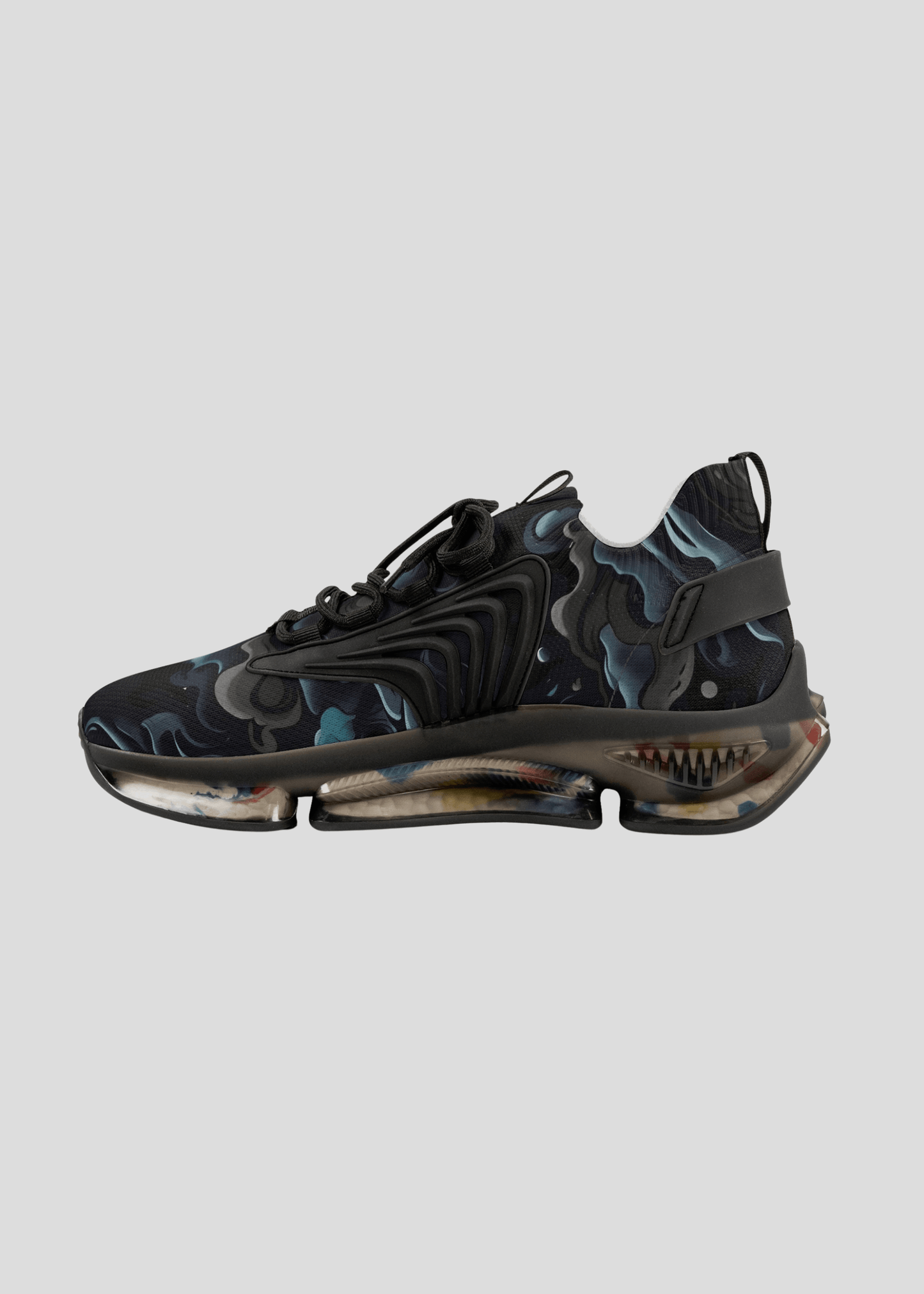 Inner side profile of MAXOMclo REMNANT futuristic abstract black smoke sneakers – breathable and stylish streetwear design.