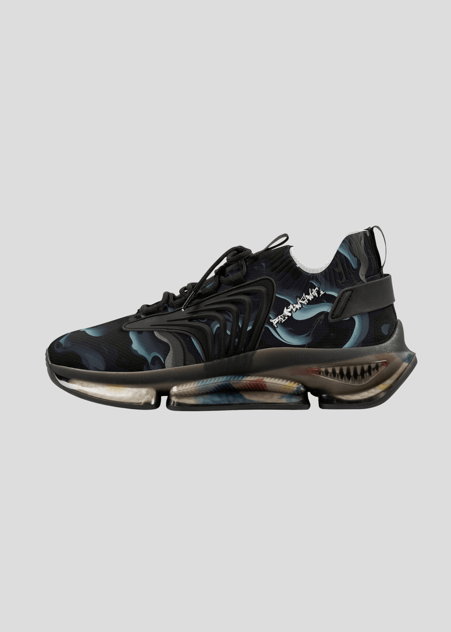 Left side view of MAXOMclo REMNANT black smoke pattern sneakers – cushioned streetwear sneaker design.