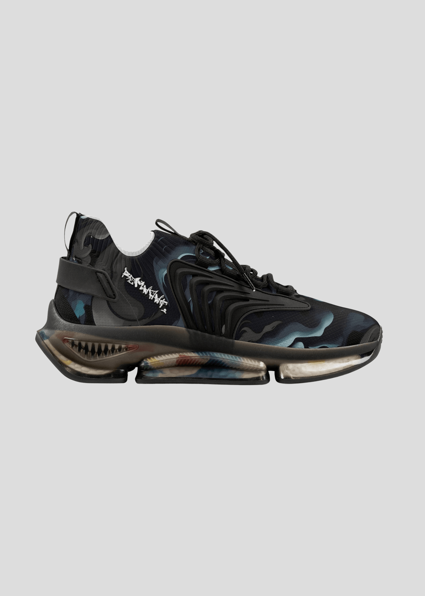 Right side view of MAXOMclo REMNANT futuristic multicolor black smoke sneakers – lightweight and comfortable streetwear.