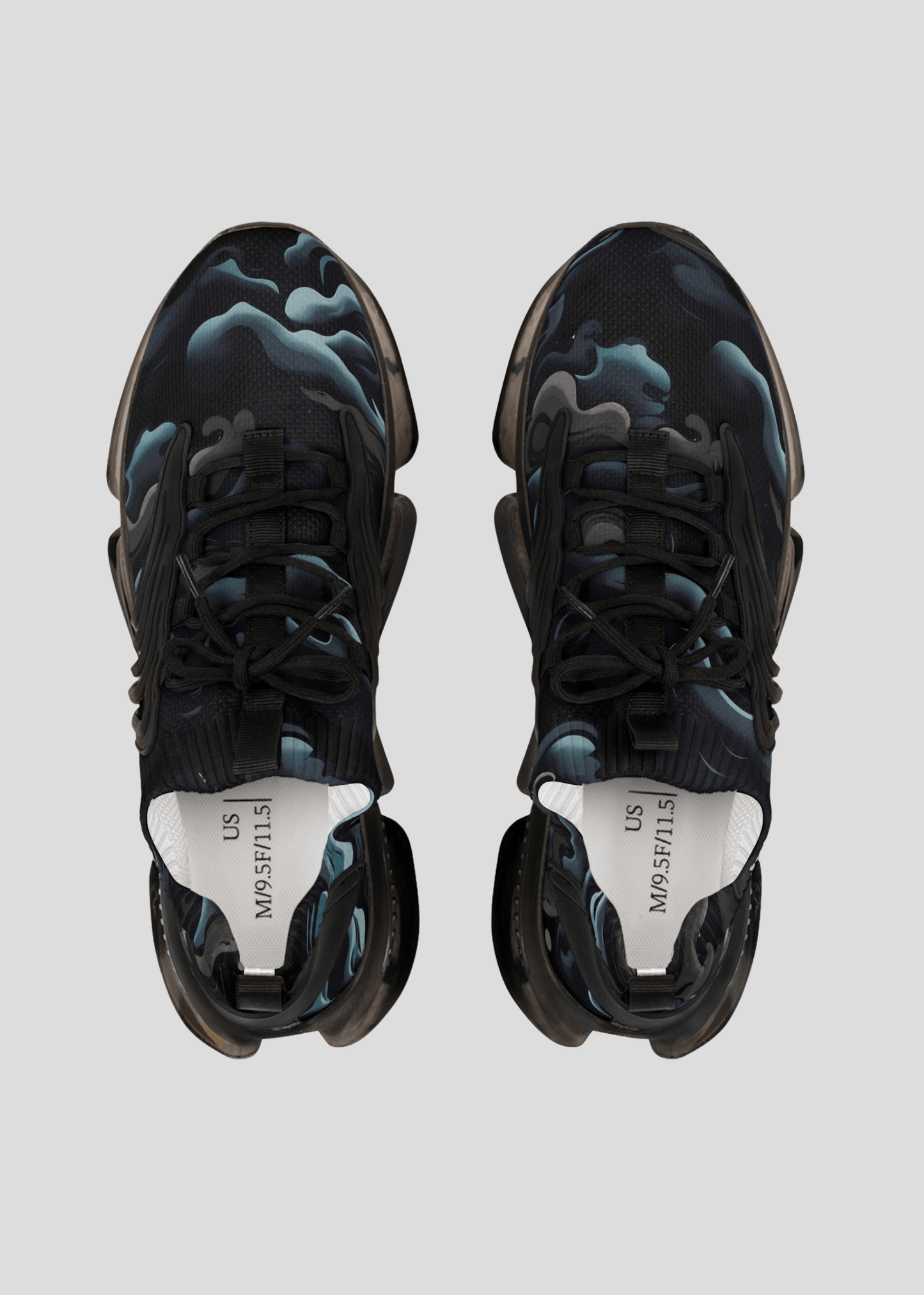 Top view of MAXOMclo REMNANT futuristic black smoke sneakers – breathable mesh design with bold abstract pattern.