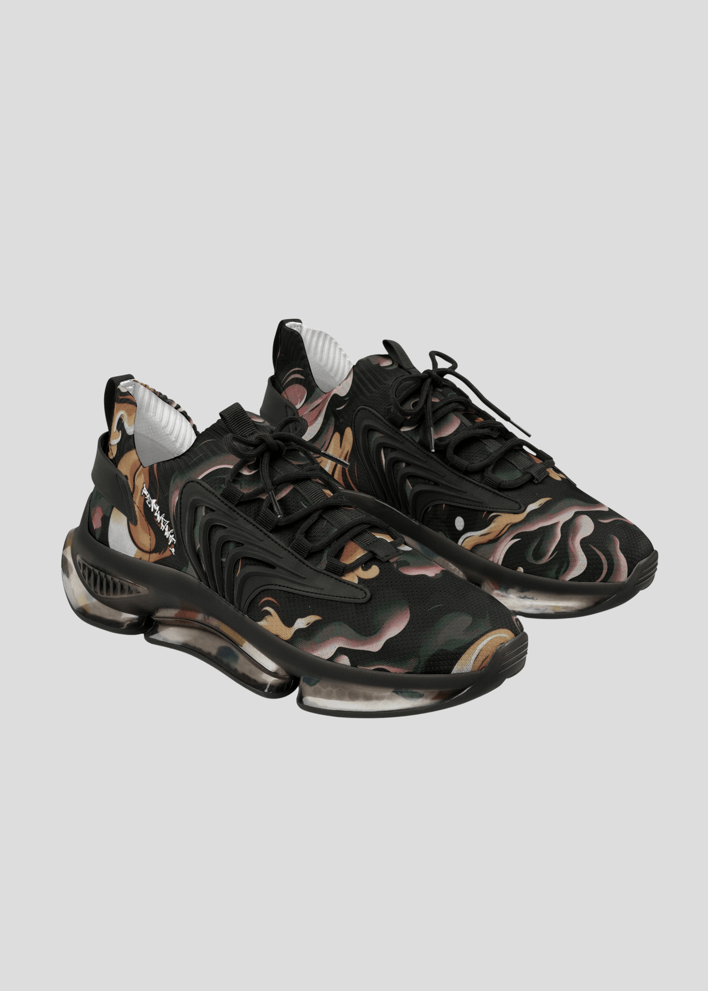 MAXOMclo REMNANT limited edition dark smoke pattern sneakers – futuristic multicolor streetwear shoes with abstract design.