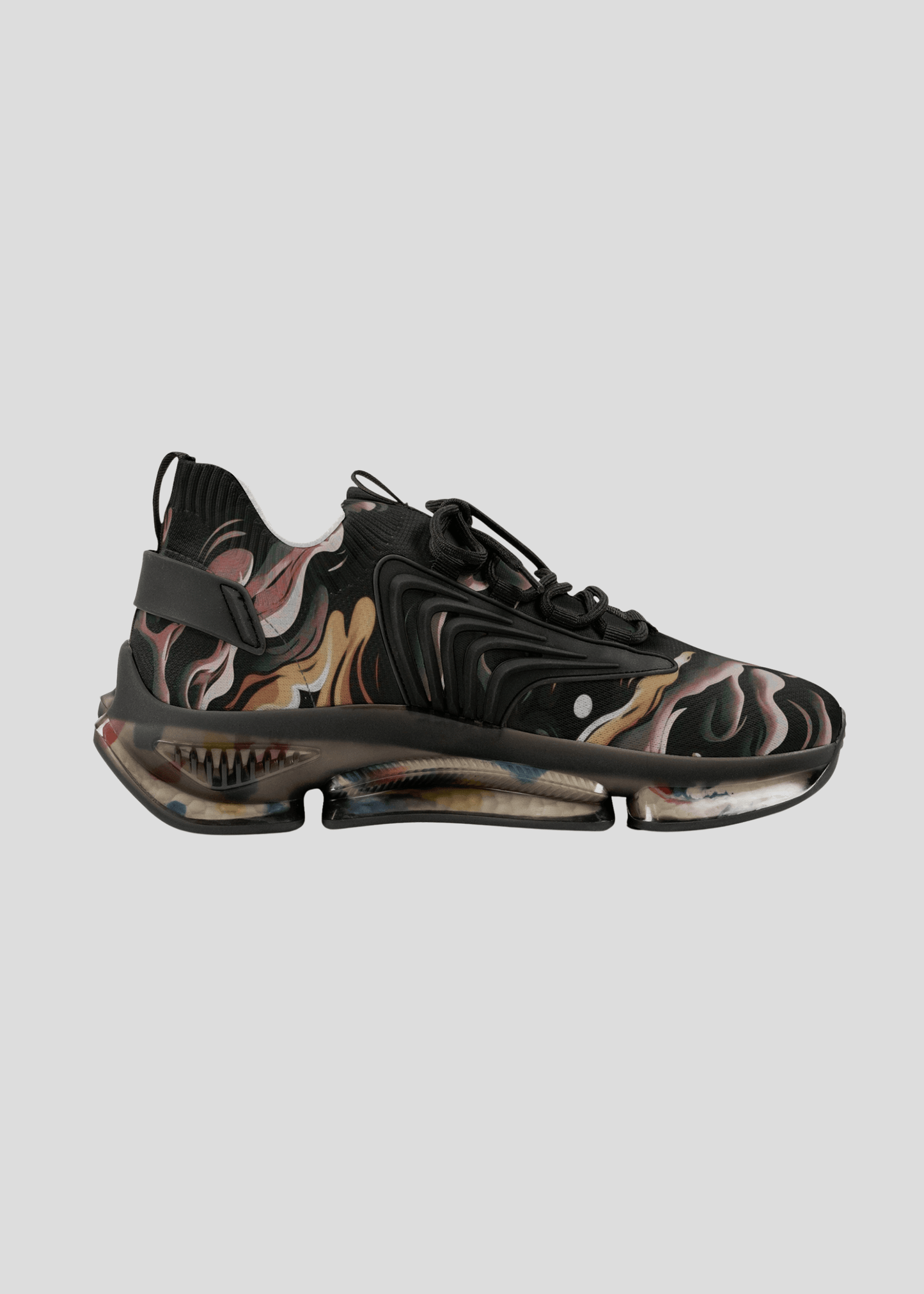 Inner side profile of MAXOMclo REMNANT limited edition dark sneakers – 2025 abstract smoke design streetwear shoes.