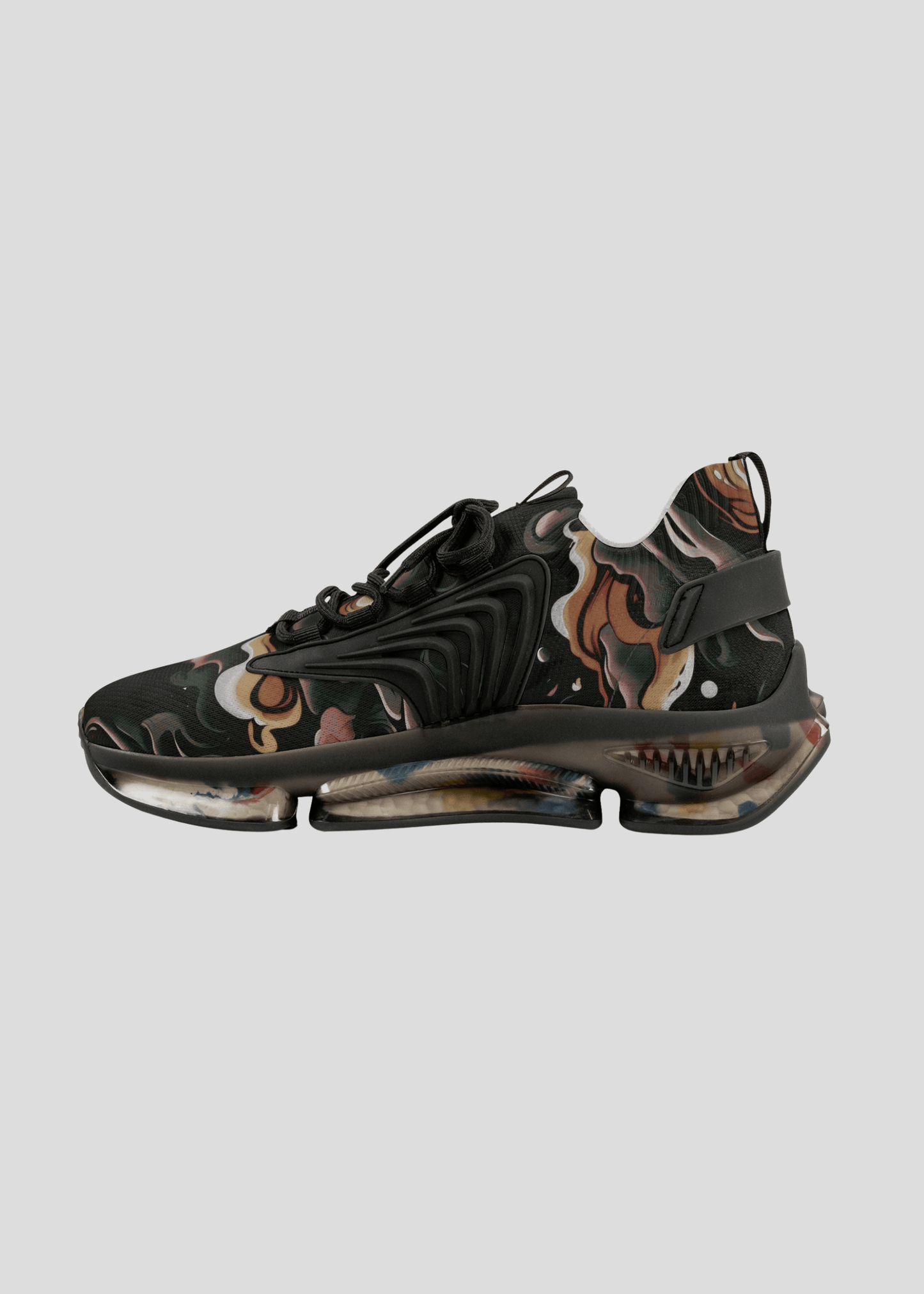 Inner side profile of MAXOMclo REMNANT futuristic abstract dark smoke sneakers – breathable and stylish streetwear design.