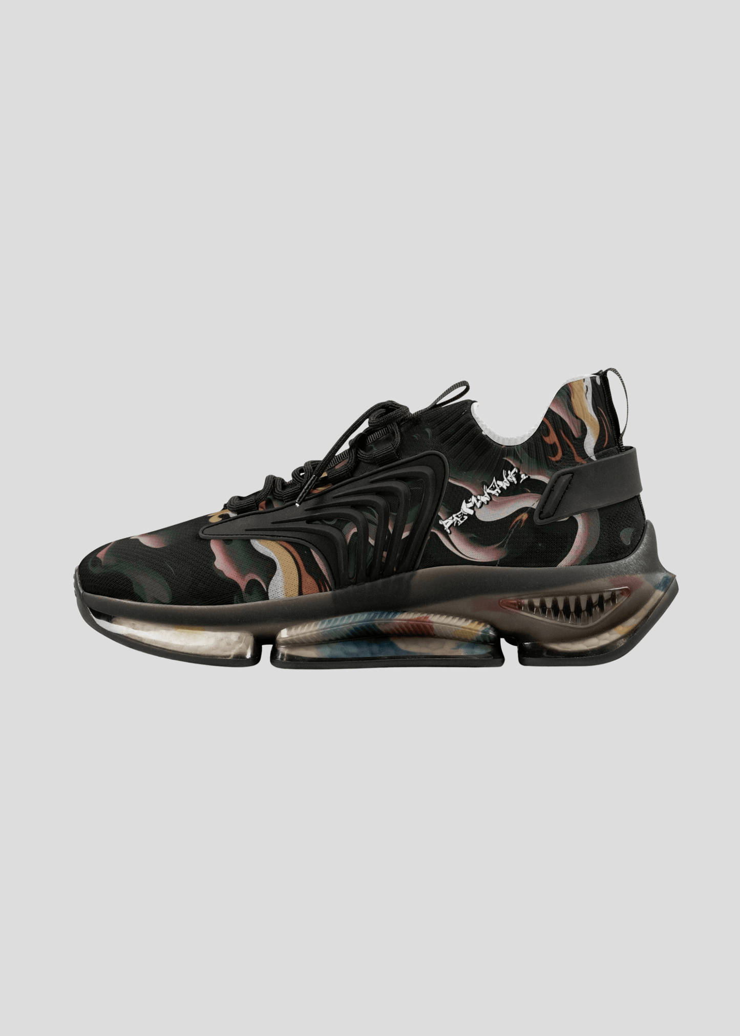 Left side view of MAXOMclo REMNANT abstract dark smoke pattern sneakers – cushioned streetwear sneaker design.