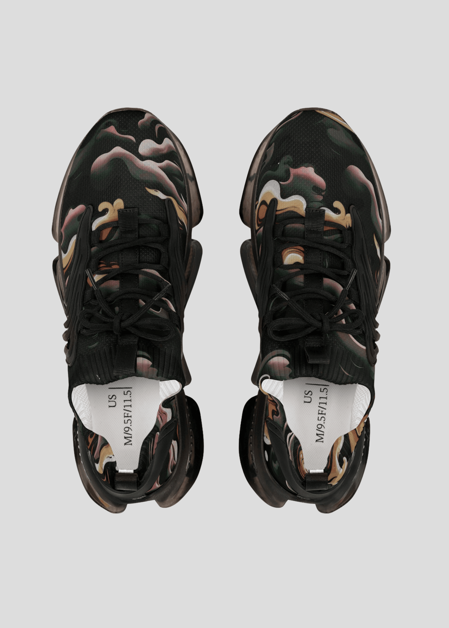 Top view of MAXOMclo REMNANT futuristic dark smoke sneakers – breathable mesh design with bold abstract pattern.