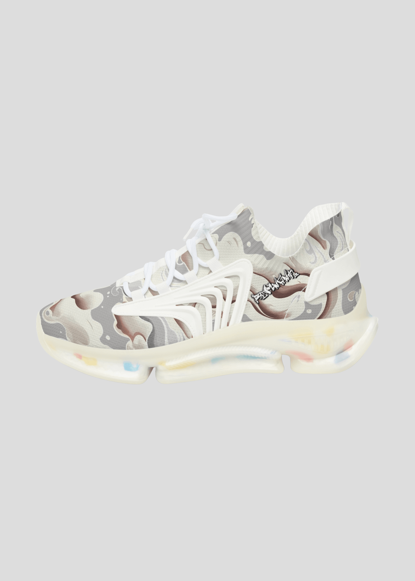 Left side view of MAXOMclo REMNANT light abstract smoke pattern sneakers – cushioned streetwear sneaker design.