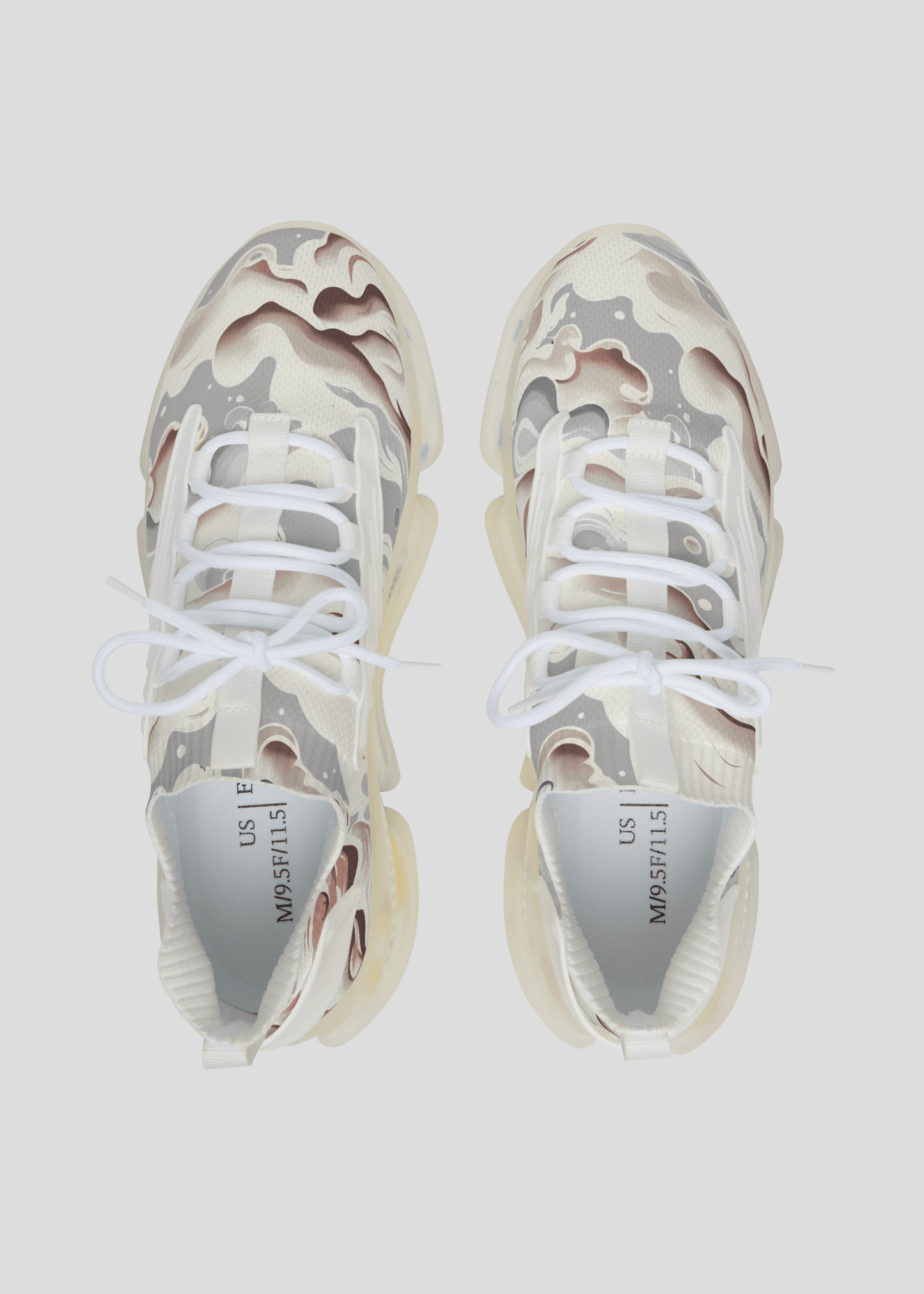 Top view of MAXOMclo REMNANT light smoke sneakers – breathable mesh design with bold abstract pattern.