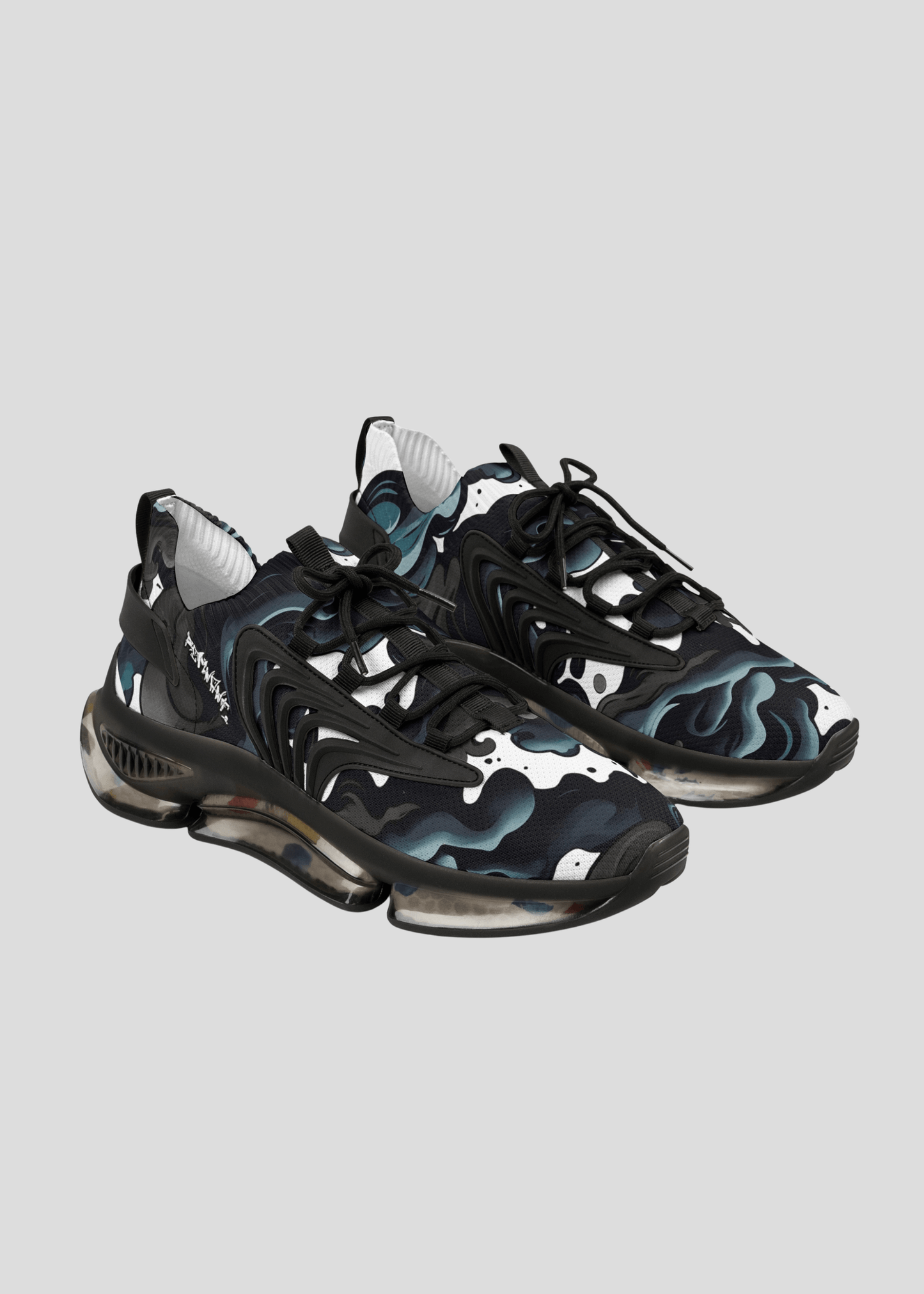 MAXOMclo REMNANT smoke design men’s sneakers – edgy black and white abstract streetwear trainers with lightweight EVA sole.