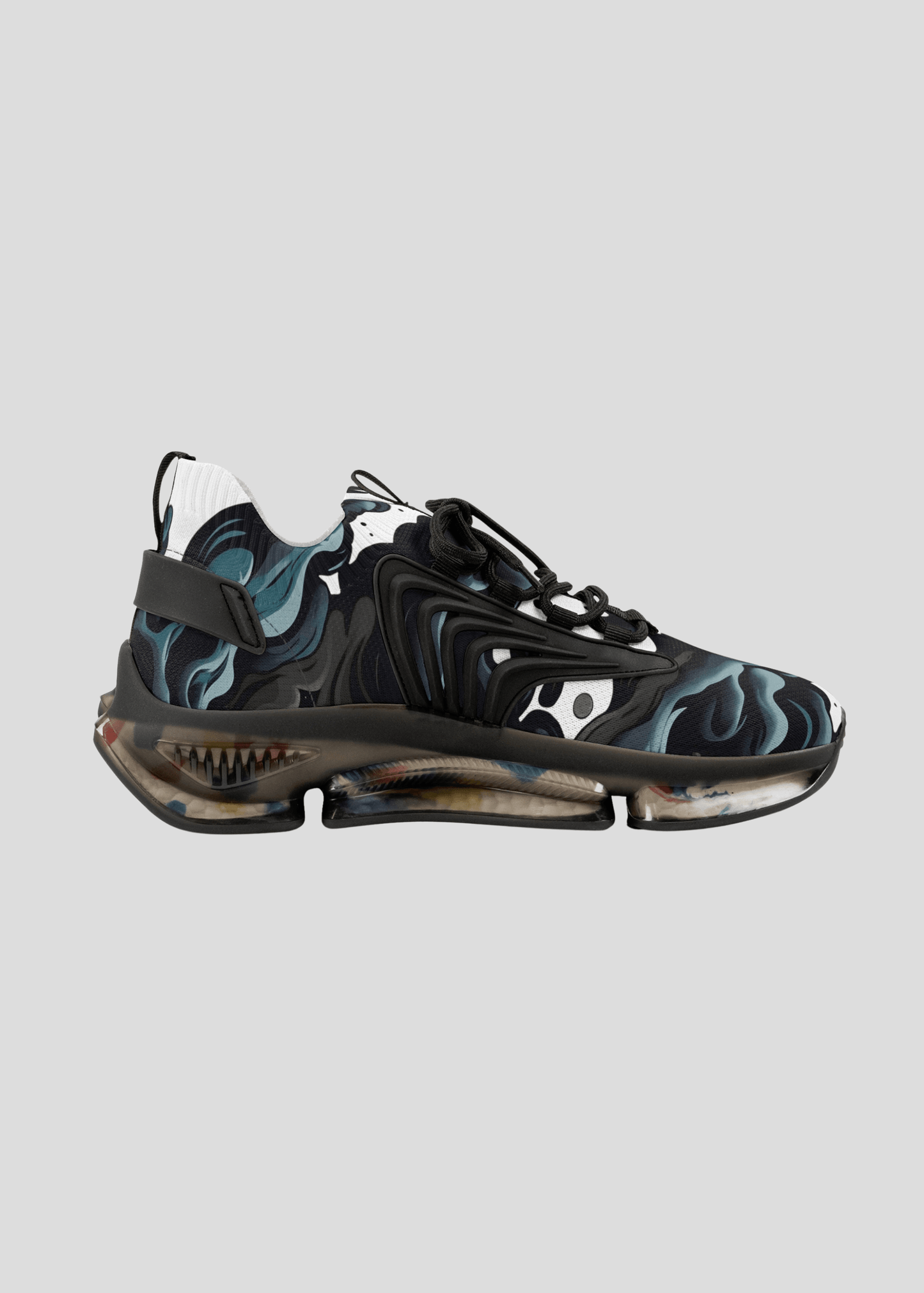 Inner left side of MAXOMclo REMNANT men’s sneakers – breathable mesh upper with unique black and white smoke design.