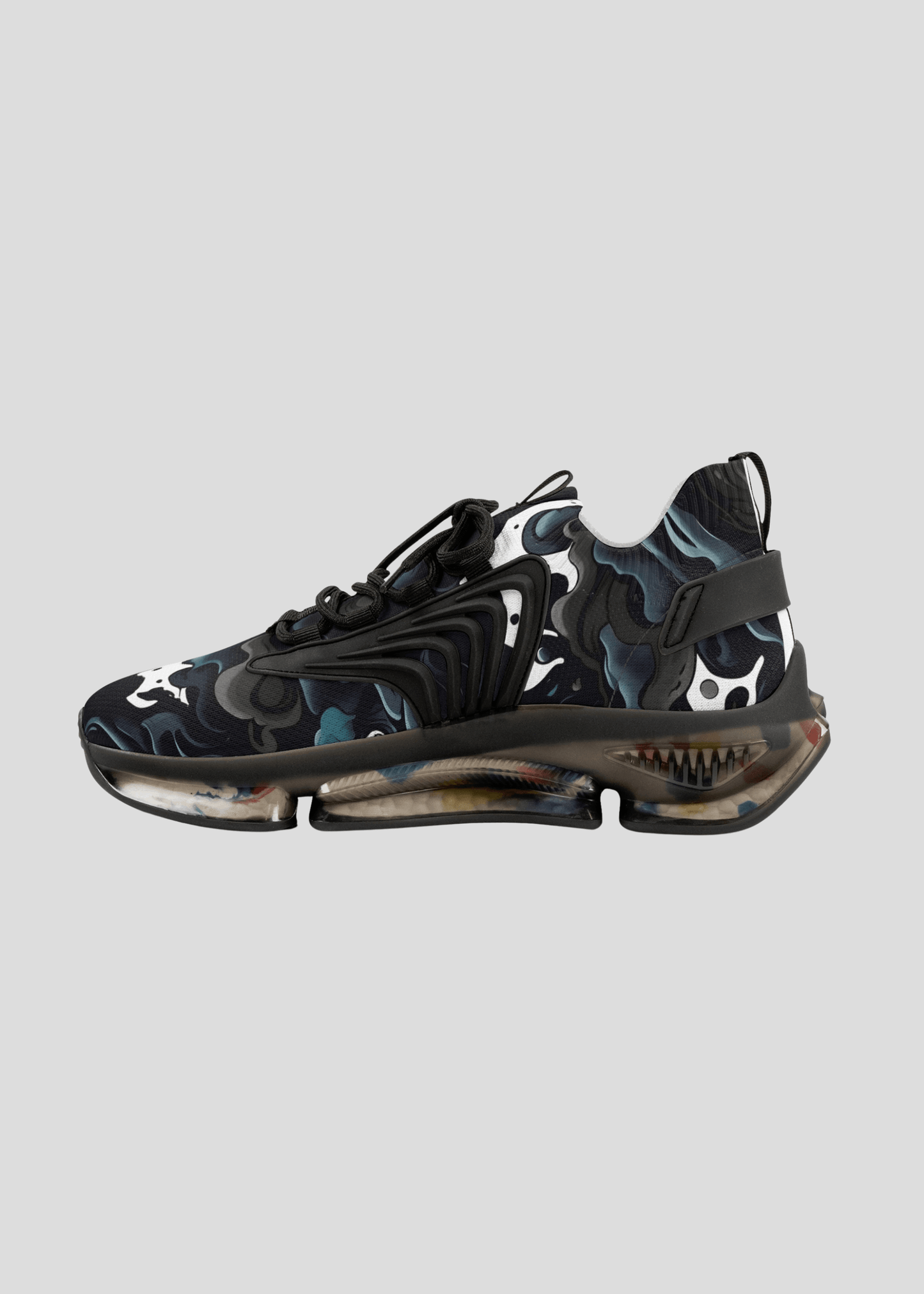 MAXOMclo REMNANT men’s streetwear sneakers with abstract black and white smoke print – breathable mesh and cushioned sole.