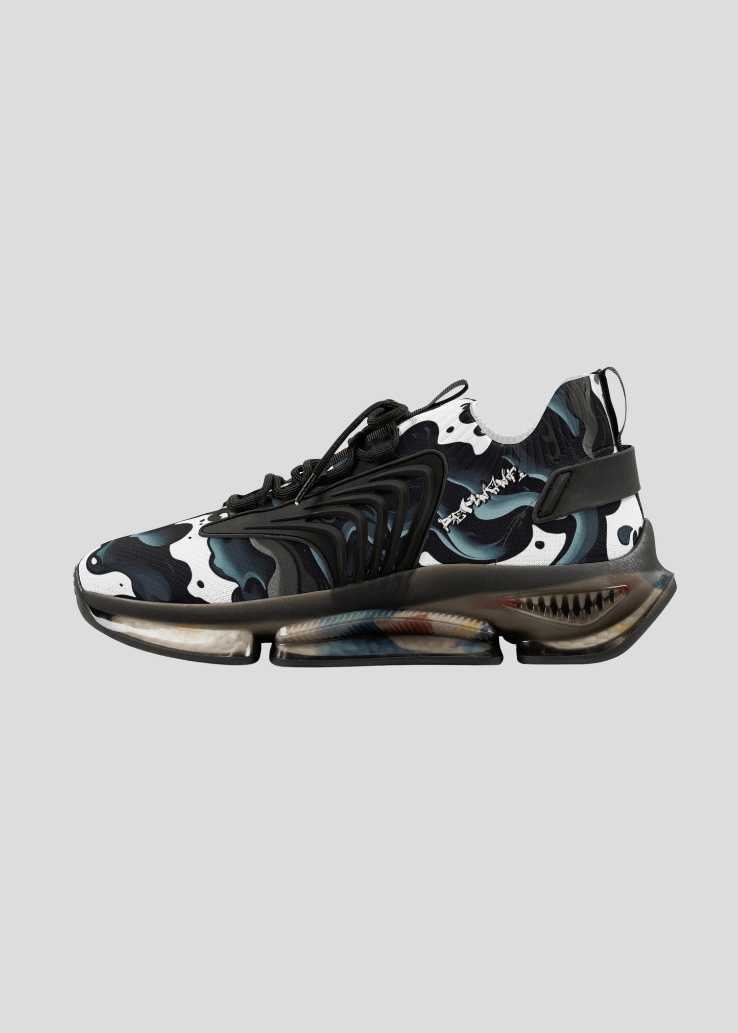 Left side profile of MAXOMclo REMNANT smoke print men’s sneakers – stylish streetwear sneakers with cushioned memory foam.