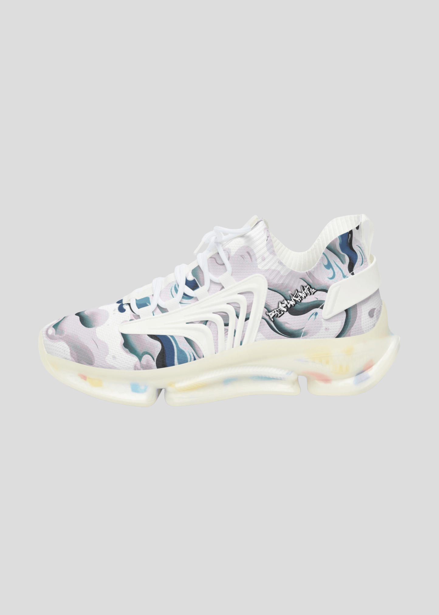 Left side view of MAXOMclo REMNANT abstract smoke pattern sneakers – cushioned streetwear sneaker design.