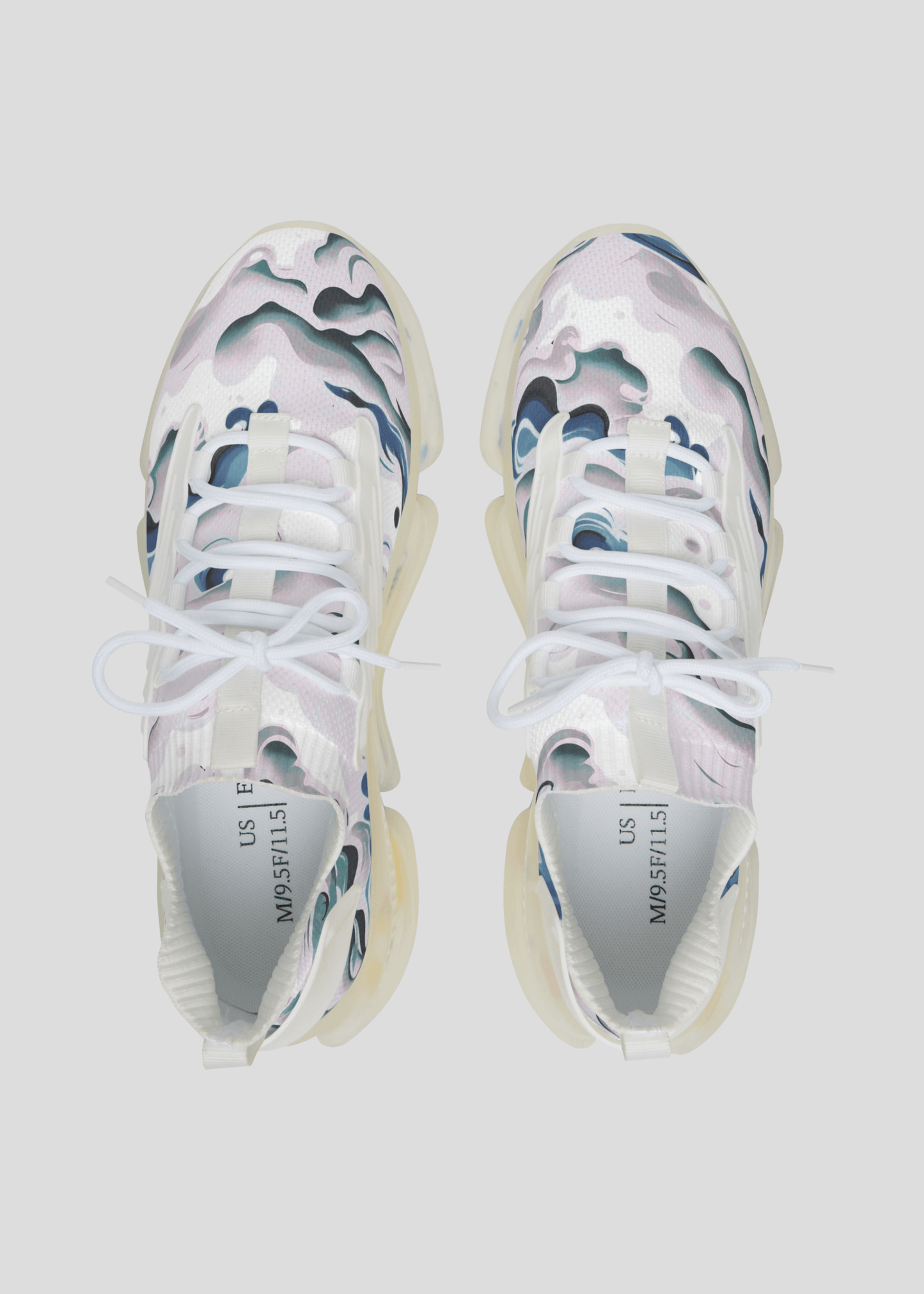 Top view of MAXOMclo REMNANT futuristic smoke sneakers – breathable mesh design with bold abstract pattern.