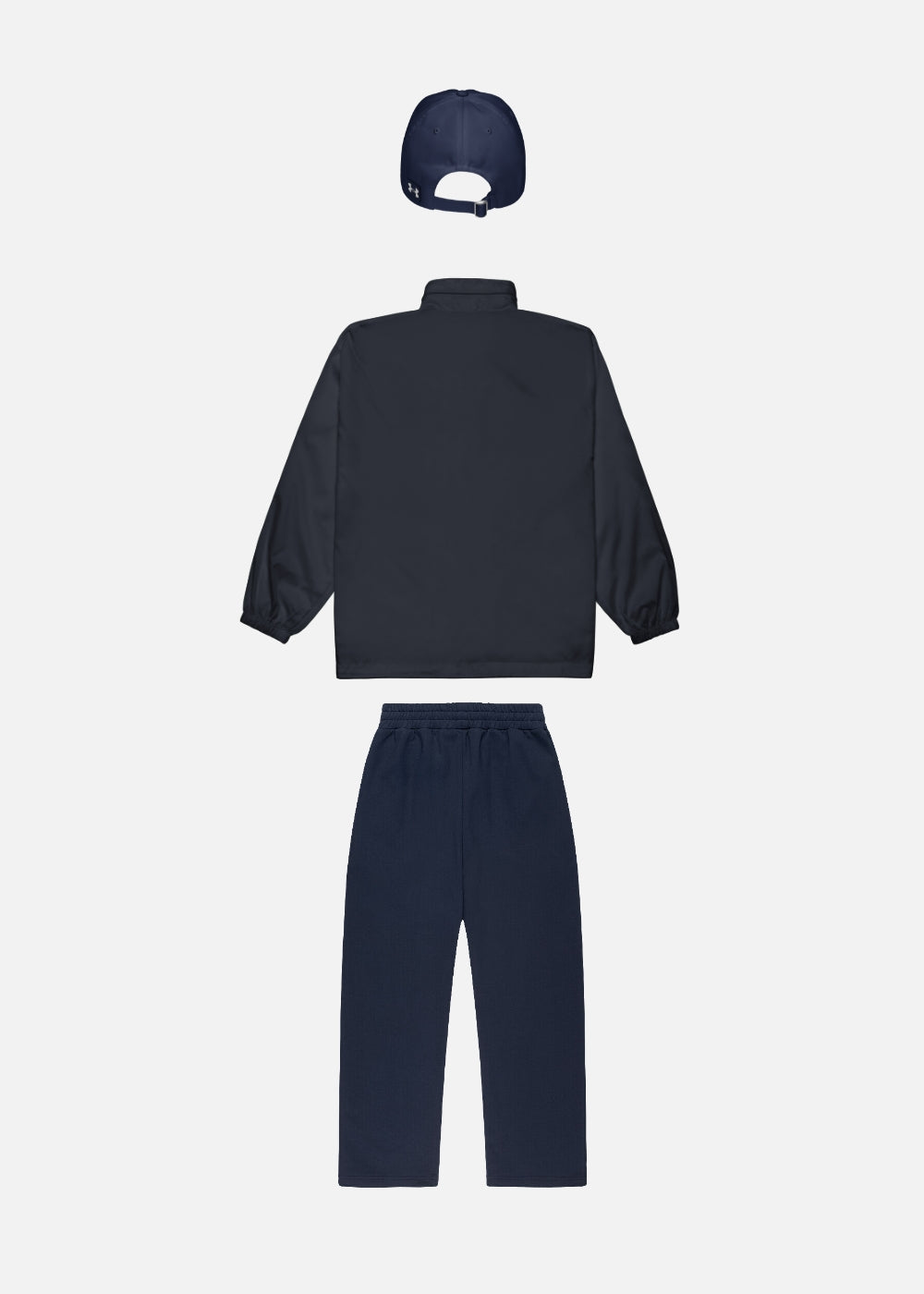 Back view of premium navy streetwear bundle – unisex windbreaker, joggers & baseball cap for daily style