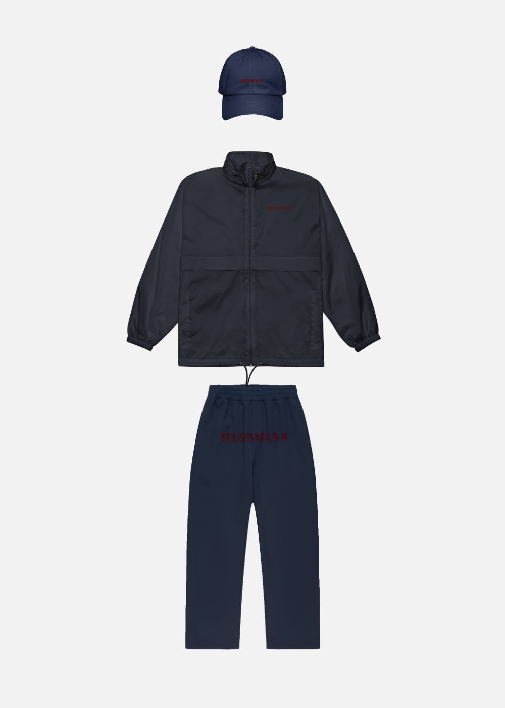 Complete navy urban streetwear outfit – windbreaker, cap & baggy joggers for men and women