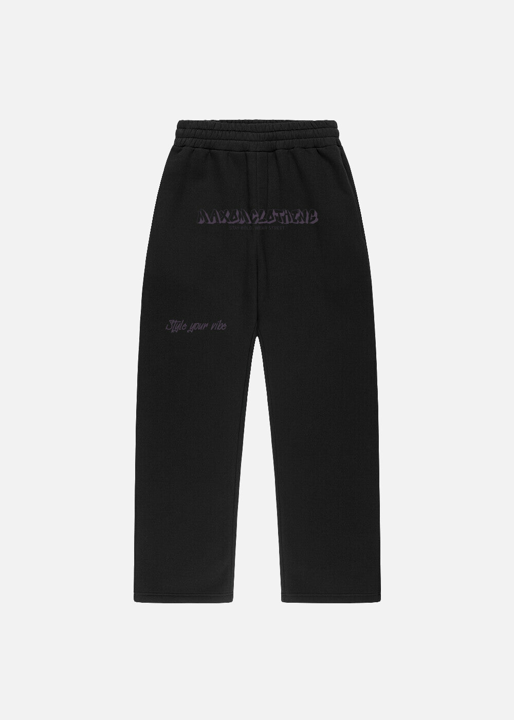 Front view of MAXOMclo black baggy sweatpants with purple script – part of the Purple Obsidian streetwear set. Relaxed fit for everyday urban fashion.