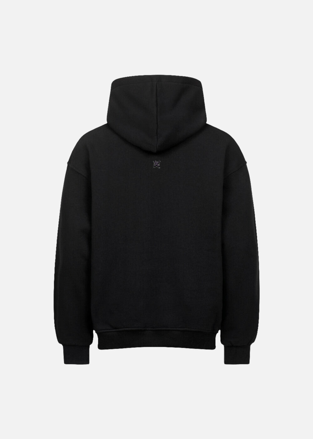 Back view of MAXOMclo Purple Obsidian hoodie in black. Premium oversized design crafted with 380 GSM cotton for bold urban fashion energy.
