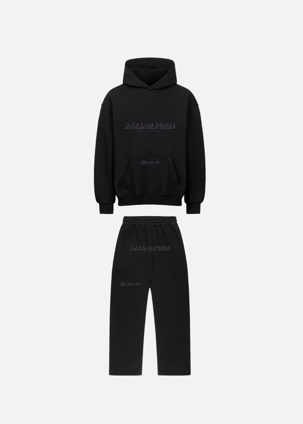 MAXOMclo Purple Obsidian streetwear set with black oversized hoodie and matching black baggy sweatpants. Urban fashion set with purple script and heavyweight comfort.