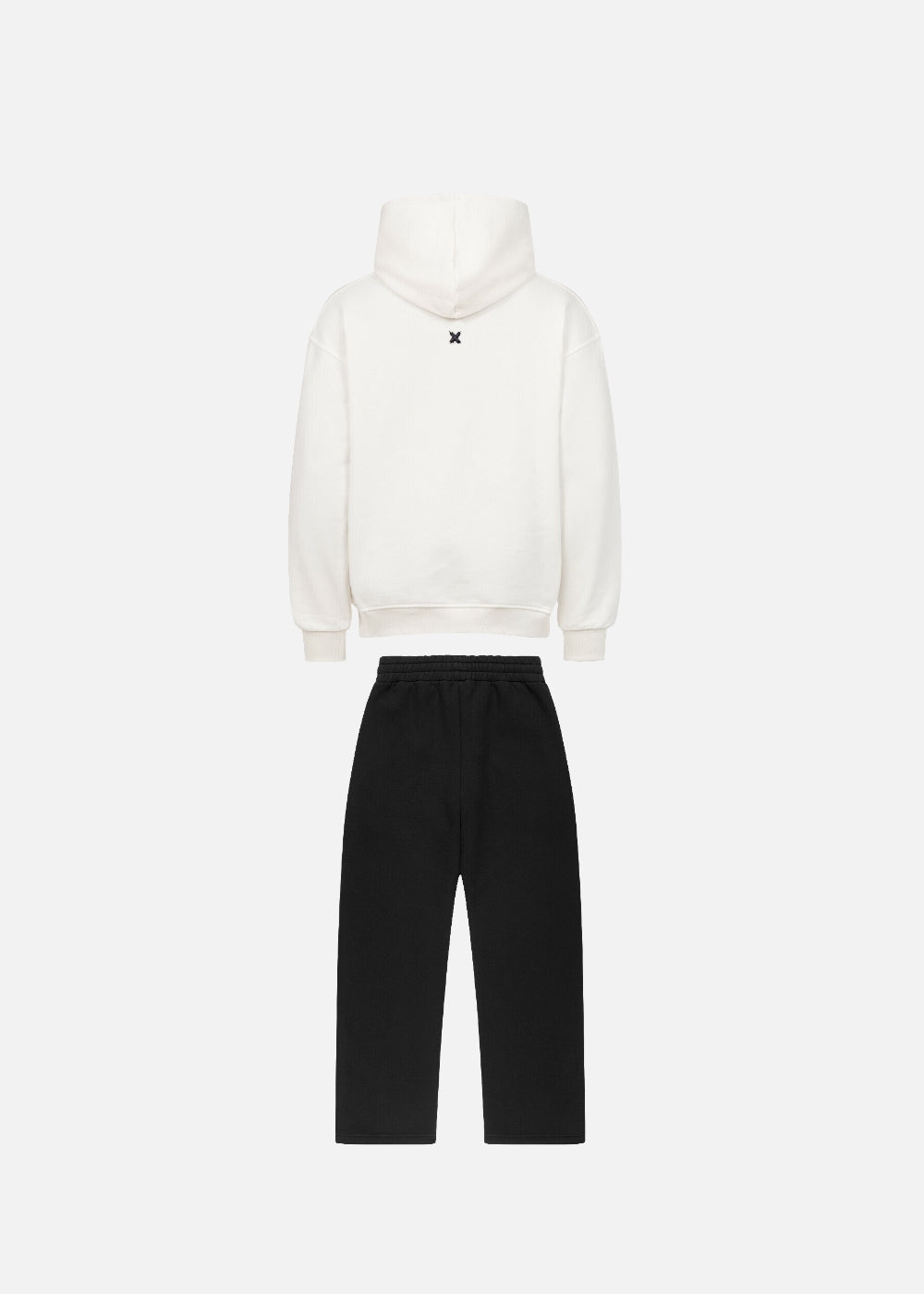 Back view of MAXOMclo Purple Obsidian set featuring white hoodie and black sweatpants. Relaxed fit streetwear hoodie and joggers combo in minimalist design.