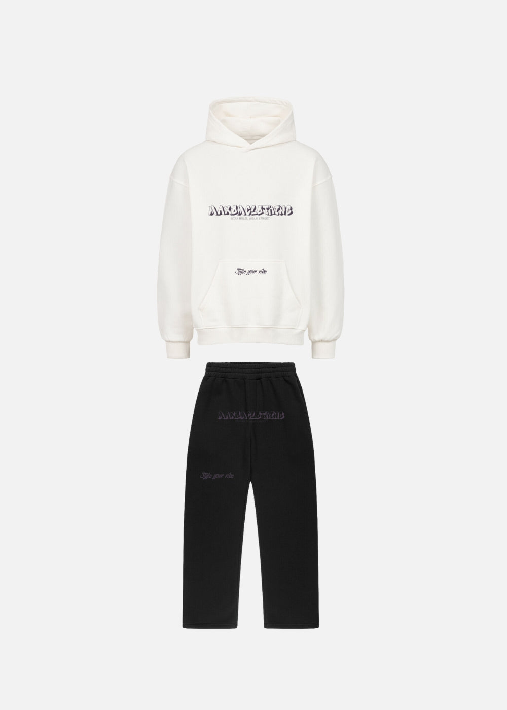 MAXOMclo Purple Obsidian streetwear set with white oversized hoodie and black baggy sweatpants. 380 GSM heavyweight cotton, premium urban fashion tracksuit set for men and women.