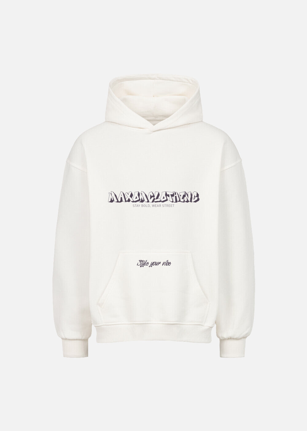 Front view of MAXOMclo white oversized hoodie with purple print – part of the Purple Obsidian streetwear set. 380 GSM heavyweight hoodie for men and women.