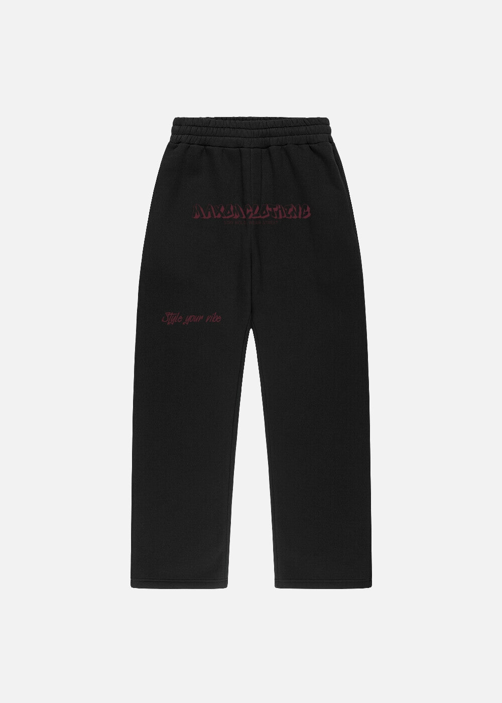 MAXOMclo Red Obsidian sweatpants in black with bold red lettering – front view of relaxed fit baggy pants for unisex streetwear lovers.